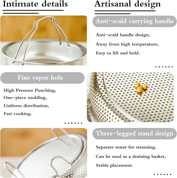 Food Grade Stainless Steel Steamer with Carrying Handle Three Legged Stand for Eggs Vegetables and Fruits, Multifunctional Home Steamer (9.45in)