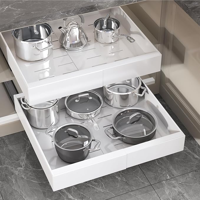 2 Pack Pull Out Cabinet Organizer 18" Deep,Full Extension 3 Slide Rails Slide Out Drawers With Raising Pad for Framed Cabinets,Expandable Width (12.3"-20.5"),No Drill Roll Out shelf,White