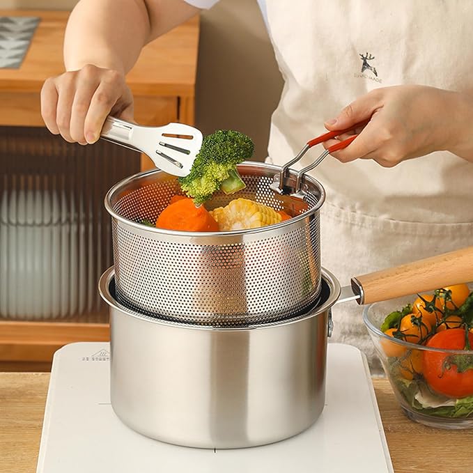 Pasta Strainer Set of 2, Stainless Steel Noodle strainer, 18cm with Removable Handle Metal Pasta Strainer Basket Deep Fryer Basket, Kitchen Colander for Washing Draining Deep-frying Boiling Steaming