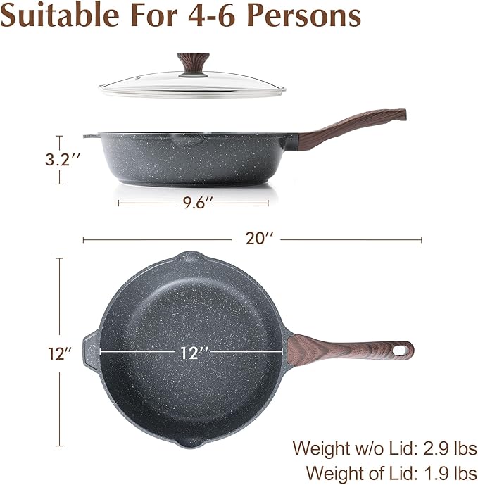 SENSARTE Nonstick Deep Frying Pan Skillet, 12-inch Saute Pan with Lid, Stay-cool Handle, Chef Pan Healthy Stone Cookware Cooking Pan, Induction Compatible, PFOA Free