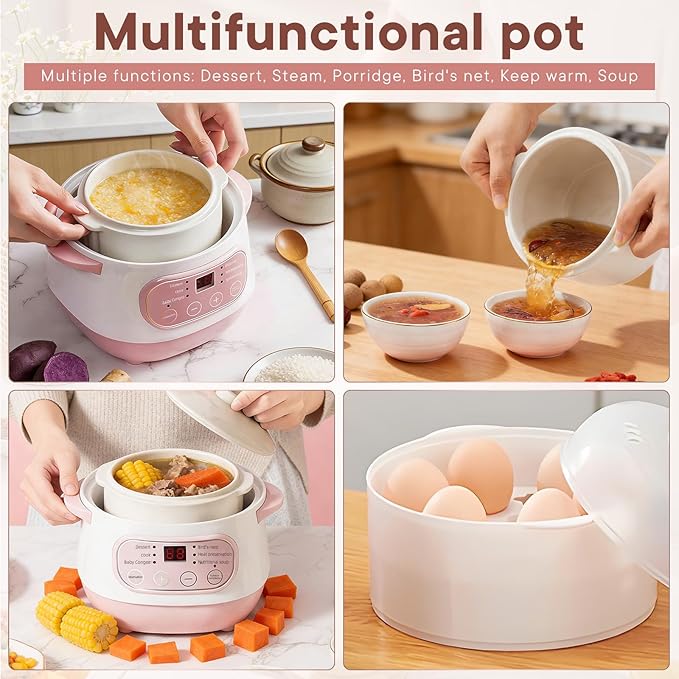 Pink 1L Ceramic Slow Cooker with Steamer Basket, 200W Mini Electric Stew Pot, 24-Hour Delayed Start & Auto Keep-Warm, Household Kitchen Safety Dry-Burn Protection Porridge & Soup Pot