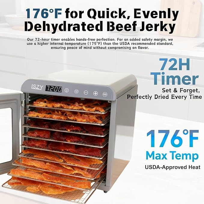 Food Dehydrator, Large 12'' 10 Trays Stainless Steel Meat Dehydrator for Jerky, 800W Herb Dryer 72H Timer & Temp Control for Fruit Snacks Yogurt Dog Treats ETL Approved (White)