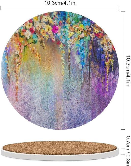 Round-6PCS Floral Drink Coasters, Round Modern Ceramic Absorbent Coasters, Watercolor Weeds Blossoms Ivy Florets Shrubs Design Decor Desk Coffee Table Coaster for Beverage Cup Tea Coasters