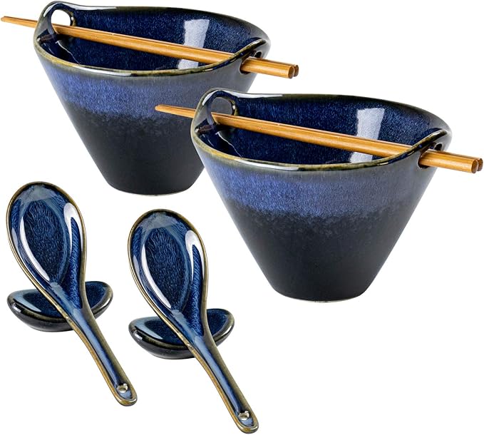 UNICASA Japanese Ramen Bowl Set with Chopsticks, Spoons and Rests, 20oz Deep Porcelain Noodle Bowl Set of 2 for Udon, Pho, Salad, Soup (Reactive Blue)