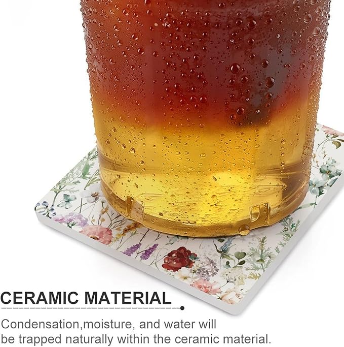 Square-6PCS Floral Drink Coasters, Square Modern Ceramic Absorbent Coasters, Watercolour Colorful Flower Herb Nature Plant Floral Decor Desk Coffee Table Coaster for Beverage Cup Tea Coasters
