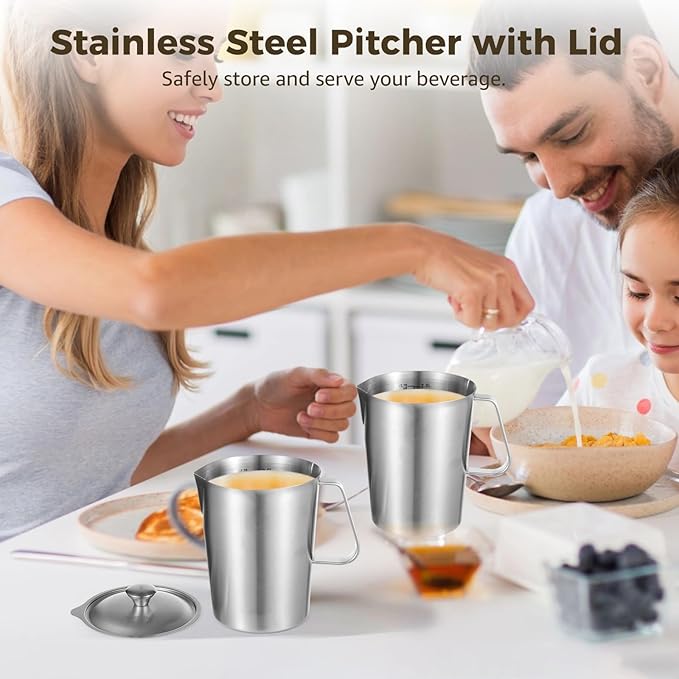 2L Stainless Steel Pitcher with Lid, 70 oz Measuring Cup with Dual-Scale Markings, Milk Frothing Jug, Large Beaker for Espresso Machine, Hot/Cold Water, Latte Art, Iced Tea