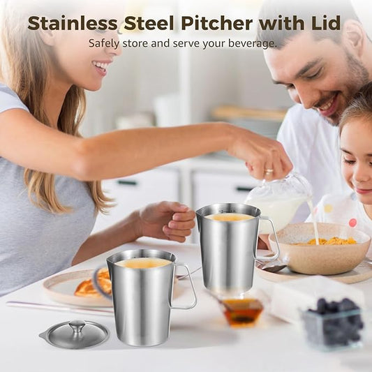 2L Stainless Steel Pitcher with Lid, 70 oz Measuring Cup with Dual-Scale Markings, Milk Frothing Jug, Large Beaker for Espresso Machine, Hot/Cold Water, Latte Art, Iced Tea