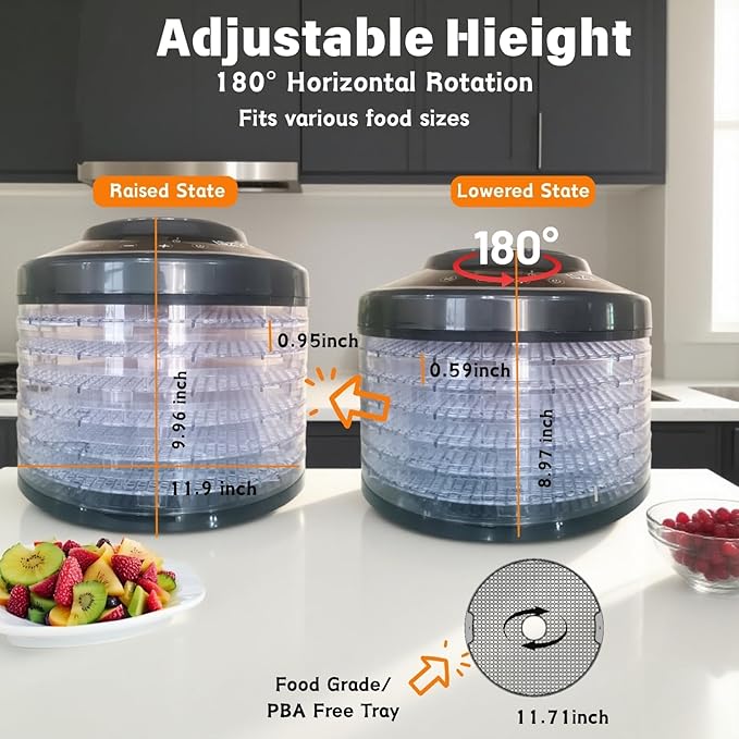 Food Dehydrator, Large 12'' 6 Trays Meat Dehydrator for Jerky, 600W Herb Dryer 24H Timer & Temp Control for Fruit Snacks Yogurt Dog Treats ETL Approved (Black 6 Trays)
