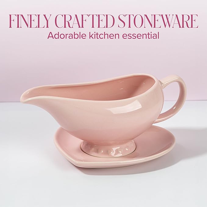 Paris Hilton Ceramic Gravy Boat with Heart-Shaped Saucer, Iconic Stoneware for Serving Gravy and Sauces, 16-Ounce Capacity, Pink