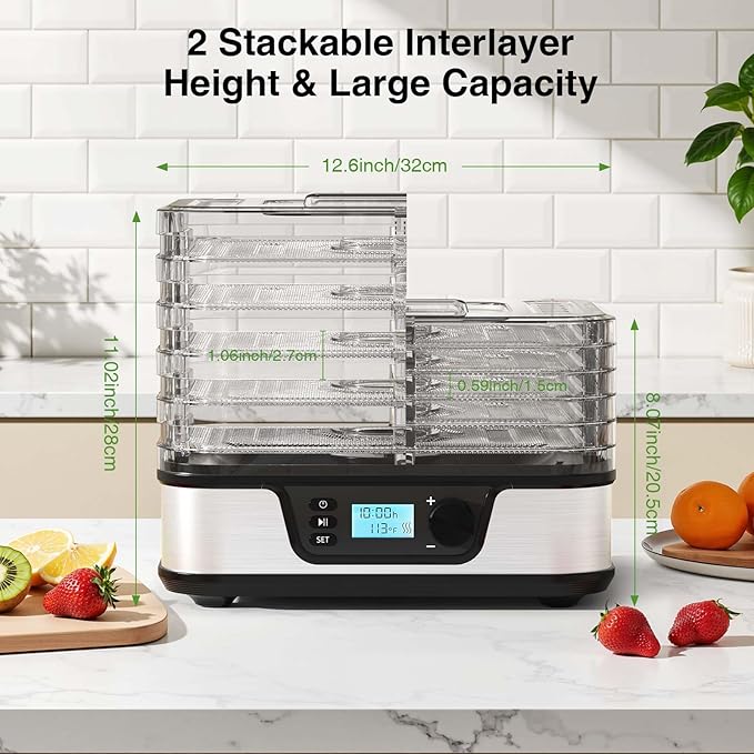 Food Dehydrator, Metallic Silver | 5 Stainless Steel & BPA-free trays, Adjustable Temperature, 72H Timer, Dehydrator for Meats, Jerky, Fruits, Veggies and Pet Treats