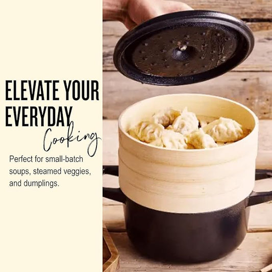 Alva Nori 2.5-Qt Enameled Cast Iron Dutch Oven Steamer Set – Made With No PTFE/PFOA/PFAS, Oven & Induction Safe – 3-Layer Enamel, No Seasoning Needed – Durable, Easy-Clean Cocotte with 2 Steamer Inserts