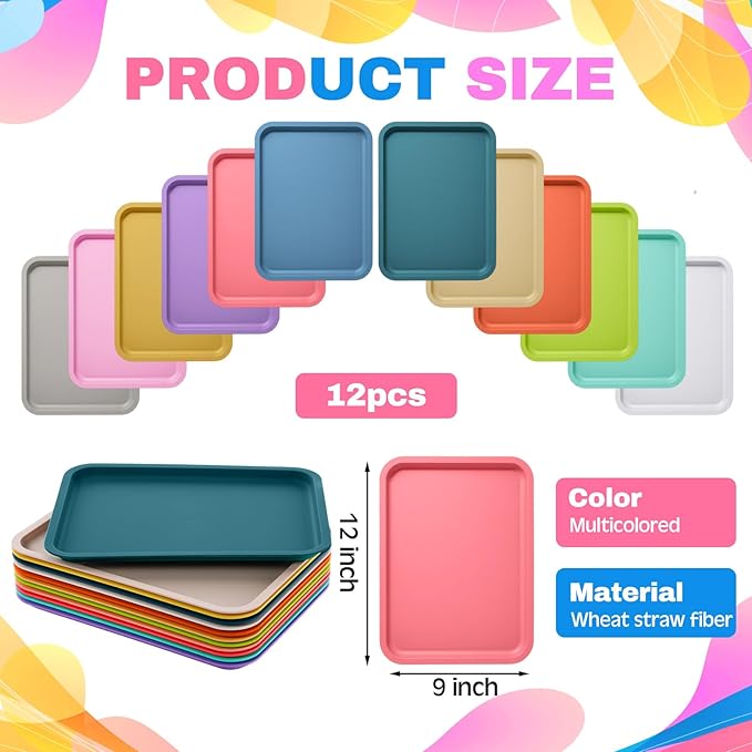 Mumufy Plastic Fast Food Trays Bulk Colorful Restaurant Serving Trays Cafeteria Rectangular Plastic Serving Platter Grill for Kitchen Restaurant Coffee(Bright Color,12 Pcs)