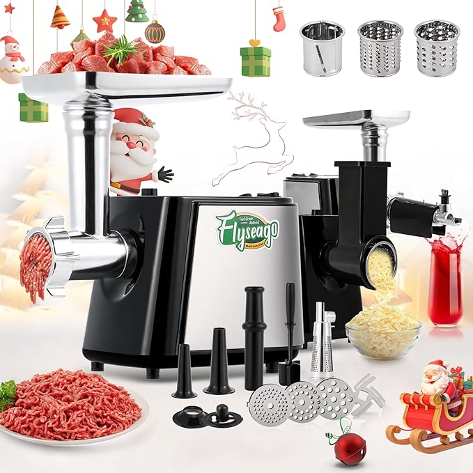 Flyseago Electric Meat Grinder, Cheese Grater 3000W Multifunctional Meat Grinder with Juicer, Vegetable Cutter Veggie Slicer, Shredder, Meat Chopper, Sausage Stuffer, Kubbe Kit, Home Use