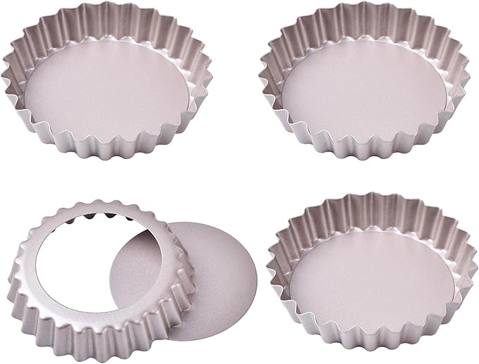Bakeley Mini Tart Pan Set, 4-Inch 4pcs with Removable Loose Bottom Non-Stick Round Quiche Bakeware for Oven and Instant Pot Baking (Champagne Gold)