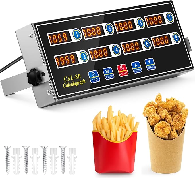 1 Pack Commercial 8 Channel Digital Kitchen Timer, Multi-Countdown Timer with Loud Alarm & Large LCD Display, Wall Mount or Countertop for Restaurant, Fry Station, Baking & Lab Use
