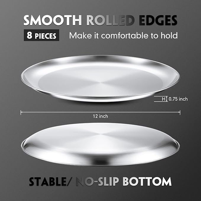 Thenshop 8 Pieces 12 Inch Pizza Pans Bulk Stainless Steel Sets Round Bakeware Pizza Trays for Oven Kitchen Baking Home Restaurant Picnics Holiday Activities Safe Sturdy Reusable Easy Clean(Silver)