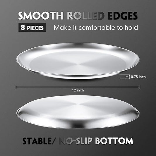 Thenshop 8 Pieces 12 Inch Pizza Pans Bulk Stainless Steel Sets Round Bakeware Pizza Trays for Oven Kitchen Baking Home Restaurant Picnics Holiday Activities Safe Sturdy Reusable Easy Clean(Silver)
