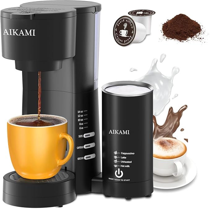 AIKAMI Single Serve Coffee Maker for K Cup & Ground Coffee with Milk Frother, 6 to 14 Oz Brew Sizes, Auto-Off Coffee Machine with Water Reservoir