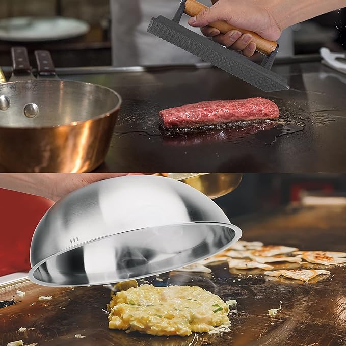 Skyflame 12'' Cheese Melting Dome & 8'' Burger Press, 2pcs Griddle Accessories Set for Flat Top Grill/BBQ – Stainless Steel Cover & Bacon Smasher, Indoor Outdoor
