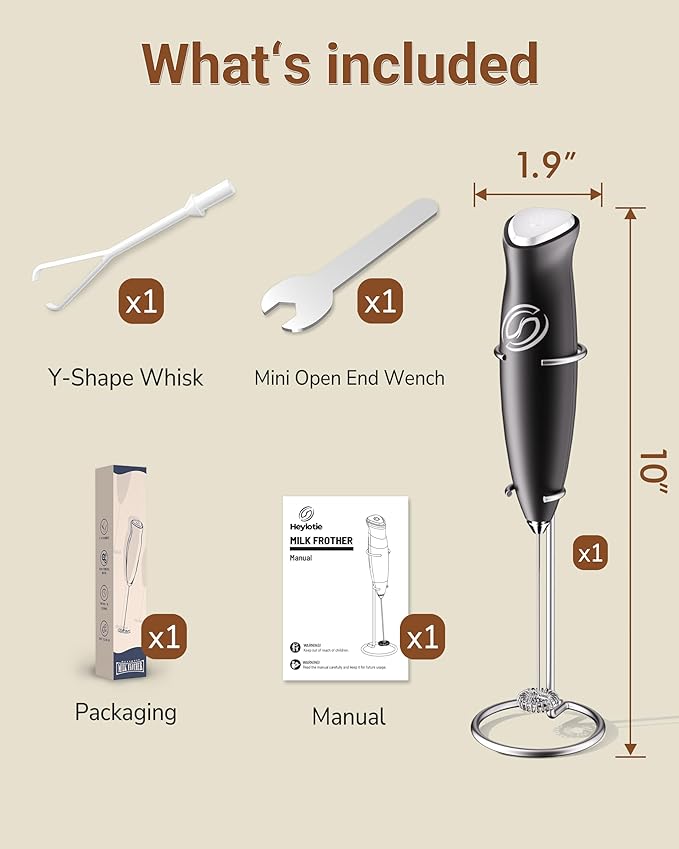 HeyLotie Milk Frother With Stand Handheld Frother Wand Drink Mixer Handheld Coffee Stirrers Electric Frother for Coffee Mixer Wand with 2 Whisk frother for protein powder-Black