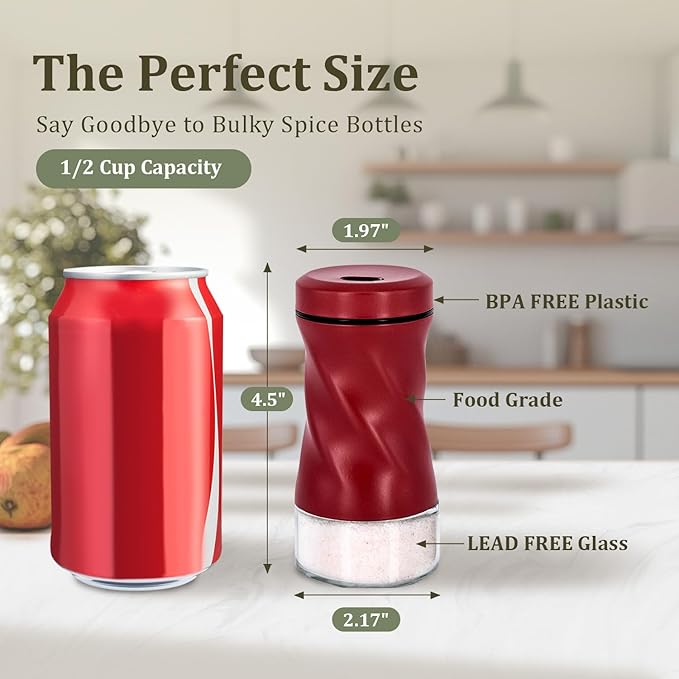 Red Salt and Pepper Shakers with Adjustable Pour Hole, NEODACO Glass Shaker with Stainless Steel Lids for Home, Restaurants, and Weddings, Ideal for Himalayan, Black Pepper, Kosher, and Sea Salts