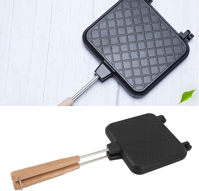 Topyond Double Sided Frying Pan Aluminum Sandwich Maker with Solid Wood Handle,Non Stick Stovetop Sandwich Press for Gas and Induction Stoves,Panini Grill for Grilled Cheese
