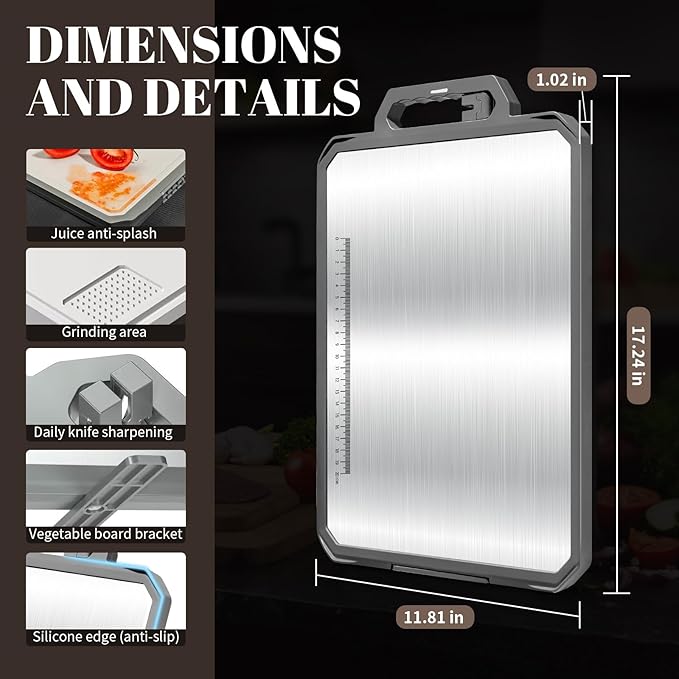 1PCS Stainless Steel Cutting Board, Double Sided Non Toxic Chopping Board for Kitchen, Food Grade, Easy to Clean, 17.2"*12" Large Size (1 side Stainless Steel Other side Wheat Straw PP)