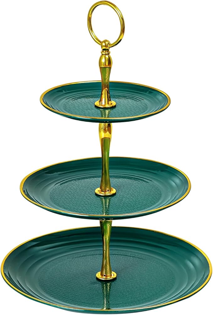 Soleebee 3-Tier Cupcake Stand, Round Plastic Tiered Serving Tray, Cup Cake Tower for Birthday Wedding Party Decoration, Cupcake Tier Stand Fruits Desserts Display (Green Gold)