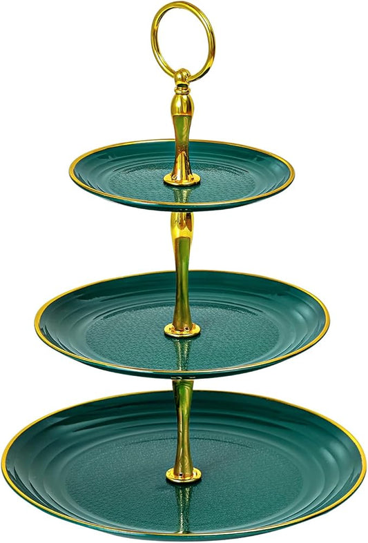 Soleebee 3-Tier Cupcake Stand, Round Plastic Tiered Serving Tray, Cup Cake Tower for Birthday Wedding Party Decoration, Cupcake Tier Stand Fruits Desserts Display (Green Gold)