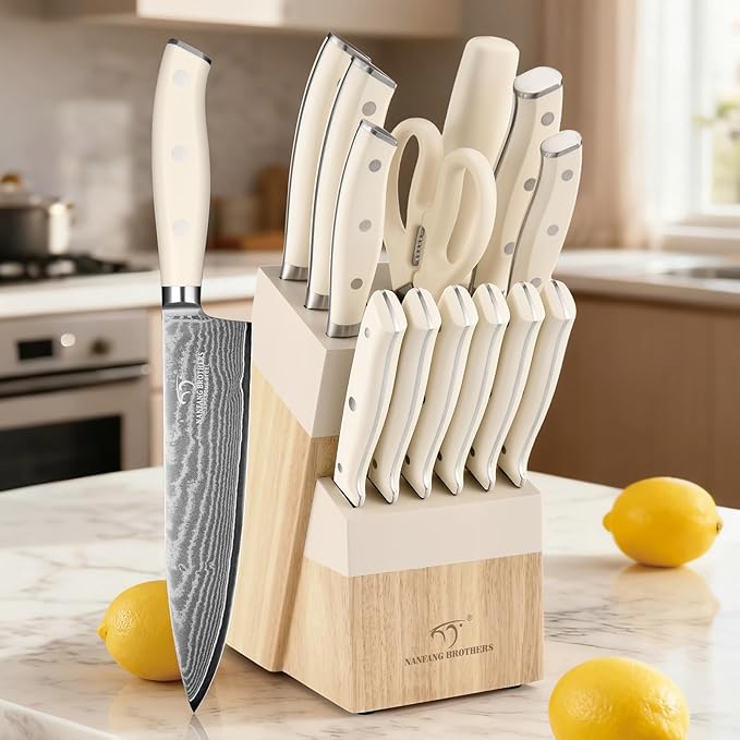 NANFANG BROTHERS Damascus Kitchen Knife Set 14 Pieces with Shears & Sharpener - VG10 High Carbon Steel, ABS Ergonomic Handle, Wooden Block Storage White