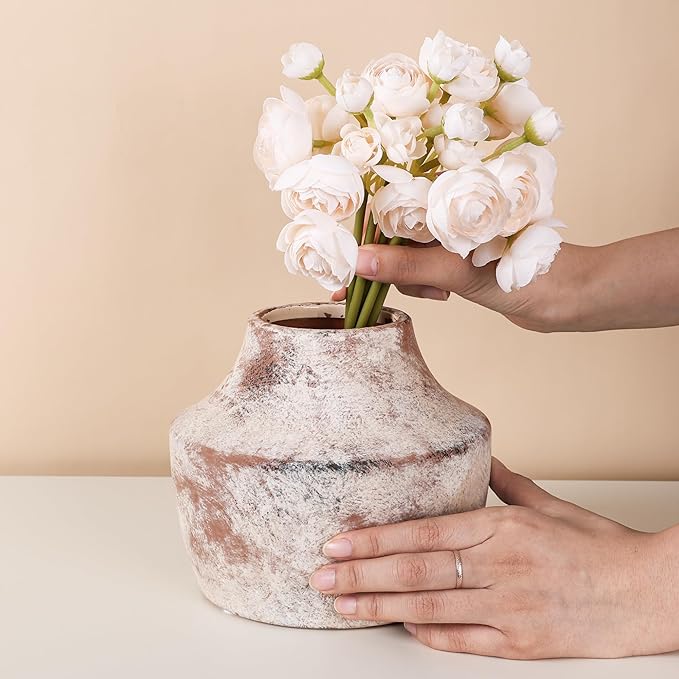 5.3'' Rustic Ceramic Flower Vase Farmhouse Pottery Vases Decorative Small Vases for House Entryway Kitchen Table Centerpieces, Terracotta