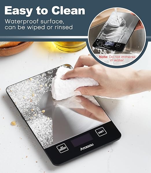 Atogou Food Scale, 33lb/15kg Rechargeable Kitchen Scale with Full-View Backlit LCD Display, Grams and Ounces, Type-C Charging, Waterproof Stainless Steel Surface for Baking, Cooking, Food Black