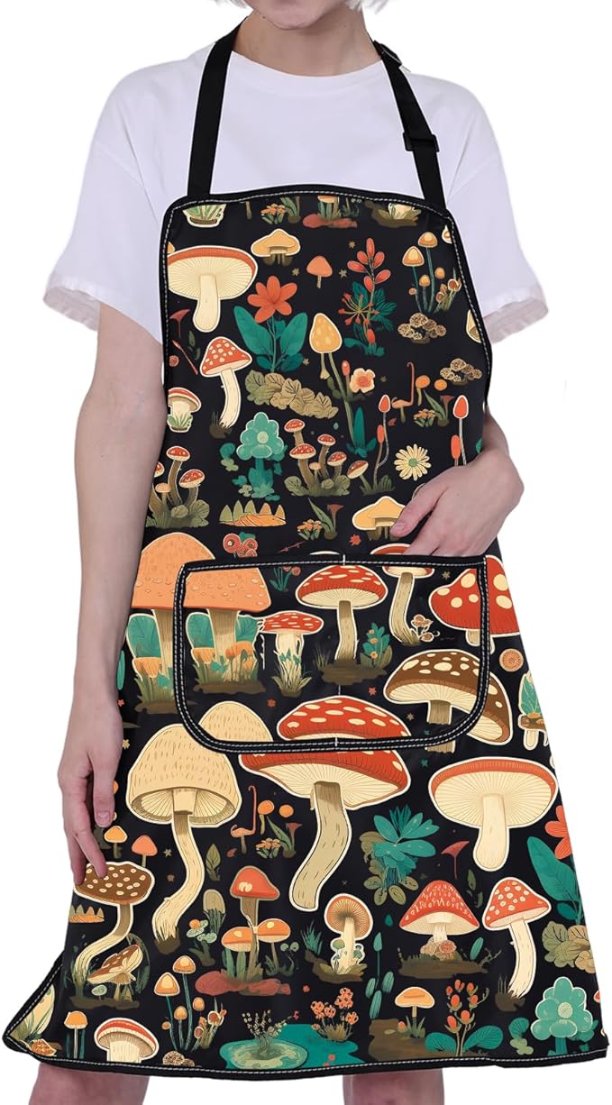 CMNIM Mushroom Aprons with Pockets - Cooking, Baking, Gardening Apron - Mushroom Lover Gift