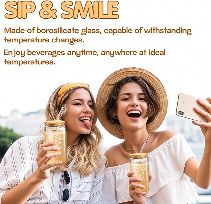 6 Pcs 16 Oz Gift for Women Cute Glass Cup, Can Shaped Drinking Glasses with Bamboo Lids and Glass Straws with Design, Aesthetic Flower Iced Coffee Mugs Tumbler Bulk for Party Bridesmaid Proposal Gifts