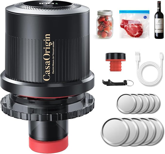 Electric Mason Jar Vacuum Sealer Kit for Wide & Regular Mouth Jars, Automatic Jar Sealer for Canning and Food Storage, Includes Lids