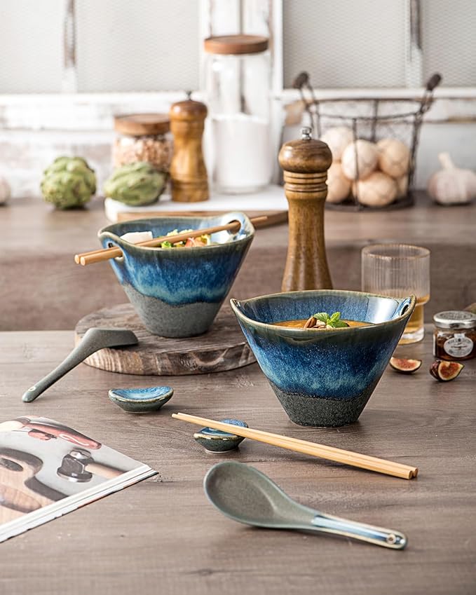 UNICASA Japanese Ramen Bowl Set with Chopsticks, Spoons and Rests, 20oz Deep Porcelain Noodle Bowl Set of 2 for Udon, Pho, Salad, Soup (Volcano Blue)