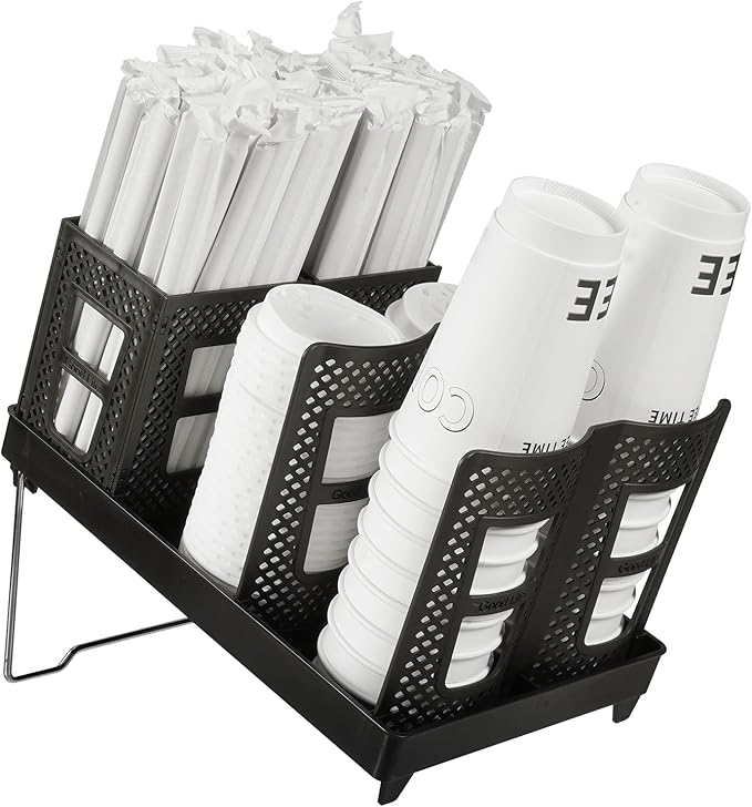 Paper Cup and Lid Holder with Straw Organizer, Coffee Cup Holder for Countertop Coffee Station, Bar, Kitchen, Office Black