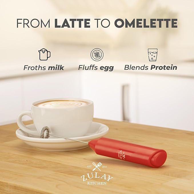Zulay Kitchen Powerful Milk Frother Handheld with 2 Duracell AA Batteries – Ultra Fast Frother Wand Electric Drink Mixer for Coffee, Lattes, Cappuccinos, Matcha & Hot Chocolate – Portable Foam Maker