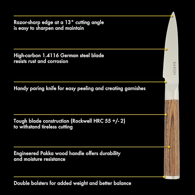 Babish German 1.4116 Stainless Steel Paring Knife with Dark Pakka Wood Handle – 3.5-Inch Precision Kitchen Knife for Peeling, Trimming & Prep Work, Full-Tang Blade