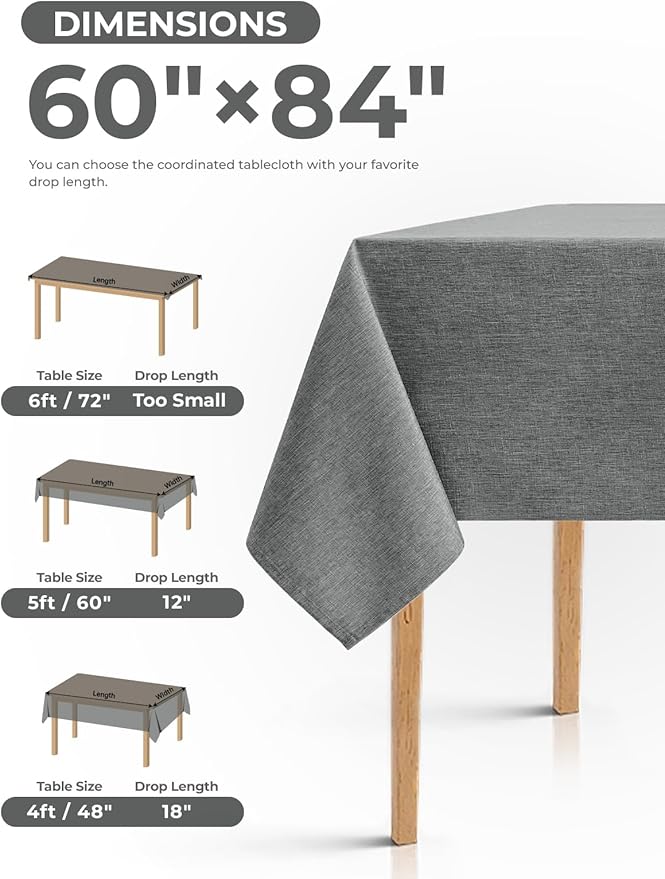 Faux Linen Farmhouse Table Cloth 60"x84" for 4-6 ft Rectangle Table, Dark Grey Waterproof Outdoor Washable Cloth Tablecloth for Rectangular Dining Room Kitchen Outdoor Party Restaurant Decor