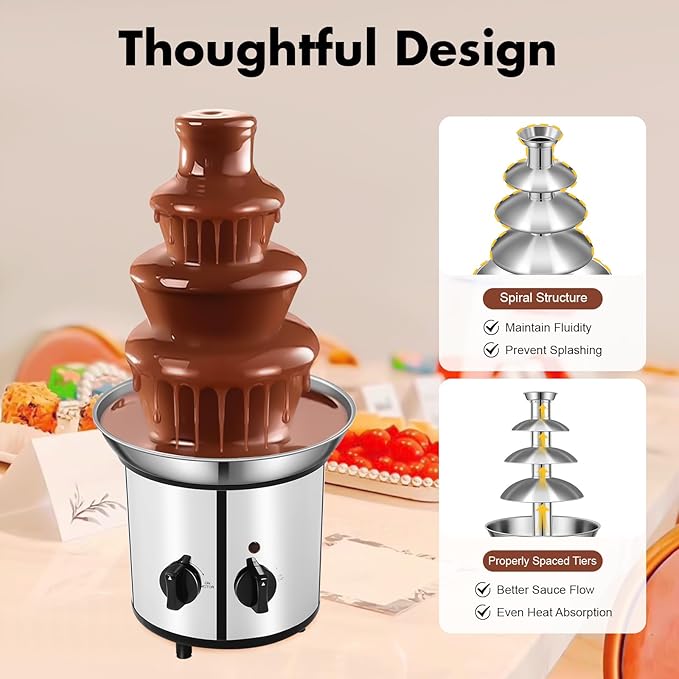 Chocolate Fountain, 4 Tier Chocolate Fondue Fountain, Electric Chocolate Melting Fountain Machine, 60oz Nacho Cheese Fountain with Spiral Splash-Proof Design for Parties, Weddings, Events