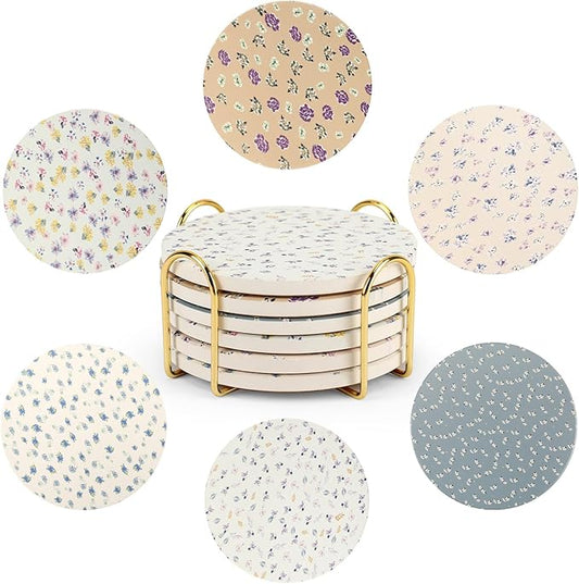 Coasters for Drinks Set of 6 with Holder, Absorbent Ceramic Stone, Spring Floral Coffee Table Décor, Decorative Cup Coasters for Kitchen, Living Room, Farmhouse & Garden, Tea Table Accessories