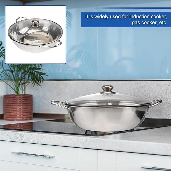 12inch Double Cooker Pot, Hot Pot Shabu, Dual Site with Divider & Lid, Insulated Handle, 12'', for Home Party Family Gathering