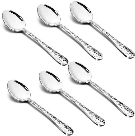 Hammered Teaspoons Set of 6, E-far Stainless Steel Modern Silverware Flatware Dessert Spoons for Home, Kitchen, Restaurant, Round Edge & Mirror Polished, Dishwasher Safe - 6.7 Inches