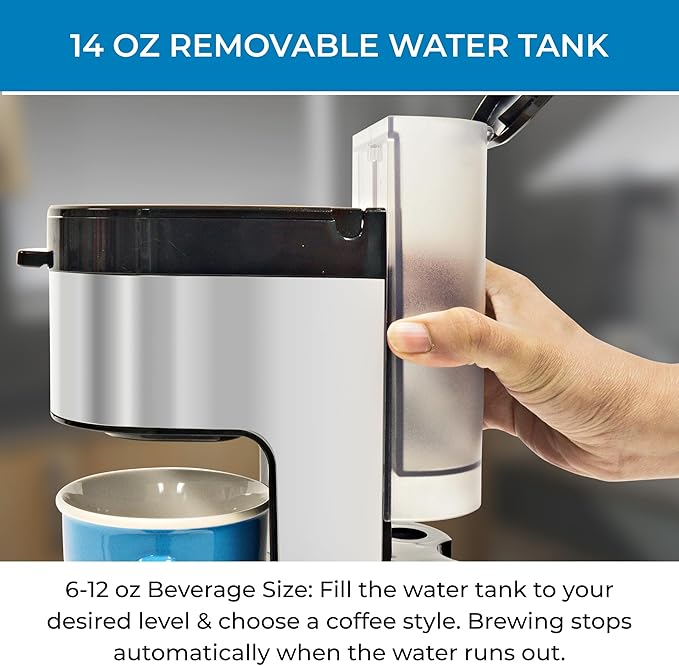 Kenmore Single Serve Coffee Maker – 6–14 Oz Brew Sizes, Compatible with Keurig K‑Cup Pods & Ground Coffee, One Cup Brewer, Travel Mug Friendly, Auto Shut‑Off, Hot & Iced Machine à café, White