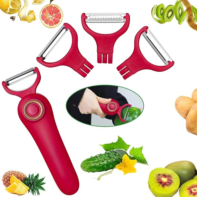 Electric Potato Peeler, Handheld Electric Vegetables and Fruit Peeler 3-in-1 Pro Set, USB Rechargeable Kitchen Gadgets for Apples, Potato, Carrots, Cucumber (Red)
