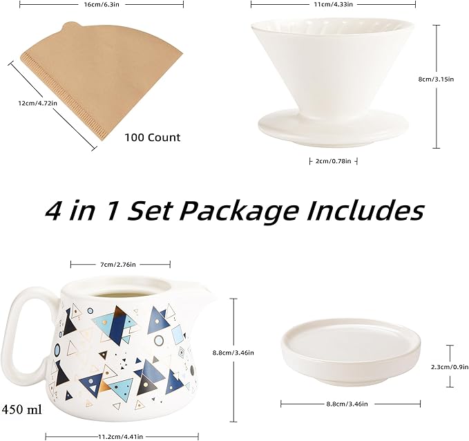 Polydremio Pour Over Coffee Maker, Ceramic Coffee dripper with 100 pcs V60 Paper Filter, Ceramic coffee Server with Lid, 15.5oz/450 ml, Suitable for 1-2 people (White A)
