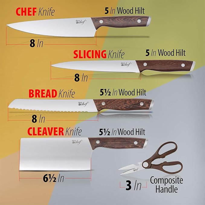 Deco Chef 16 Piece Kitchen Knife Set Stainless Steel with Wood Handles, 8" Chef, 6.5" Cleaver, 8" Bread, 8" Slicing, 4.5" Paring, 6pcs Steak Knives, Kitchen Shears, and more