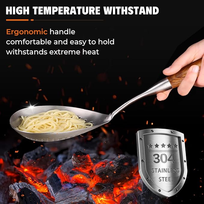 MARTE 16.5in 304 Stainless Steel Skimmer Slotted Spoon - Pasta Spider Strainer Ladle for Cooking and Frying - Kitchen Metal Scoop Colander With Heat Resistant Wooden Handle
