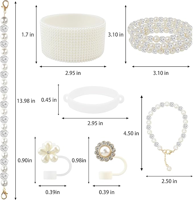 Cup Accessories for Stanley 30/40oz Tumbler containing Pearl Straw Cover Topper, Silicone Cup Boot, Water Bottle Handle Strap& Pearl Bracelets Charms(Pearls with Silver Beads)